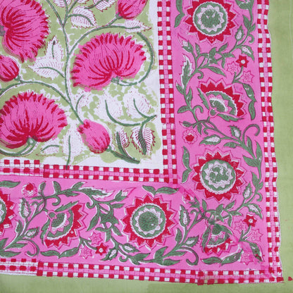Hand Block Printed | Rectangular Tablecloth | Green Lotus