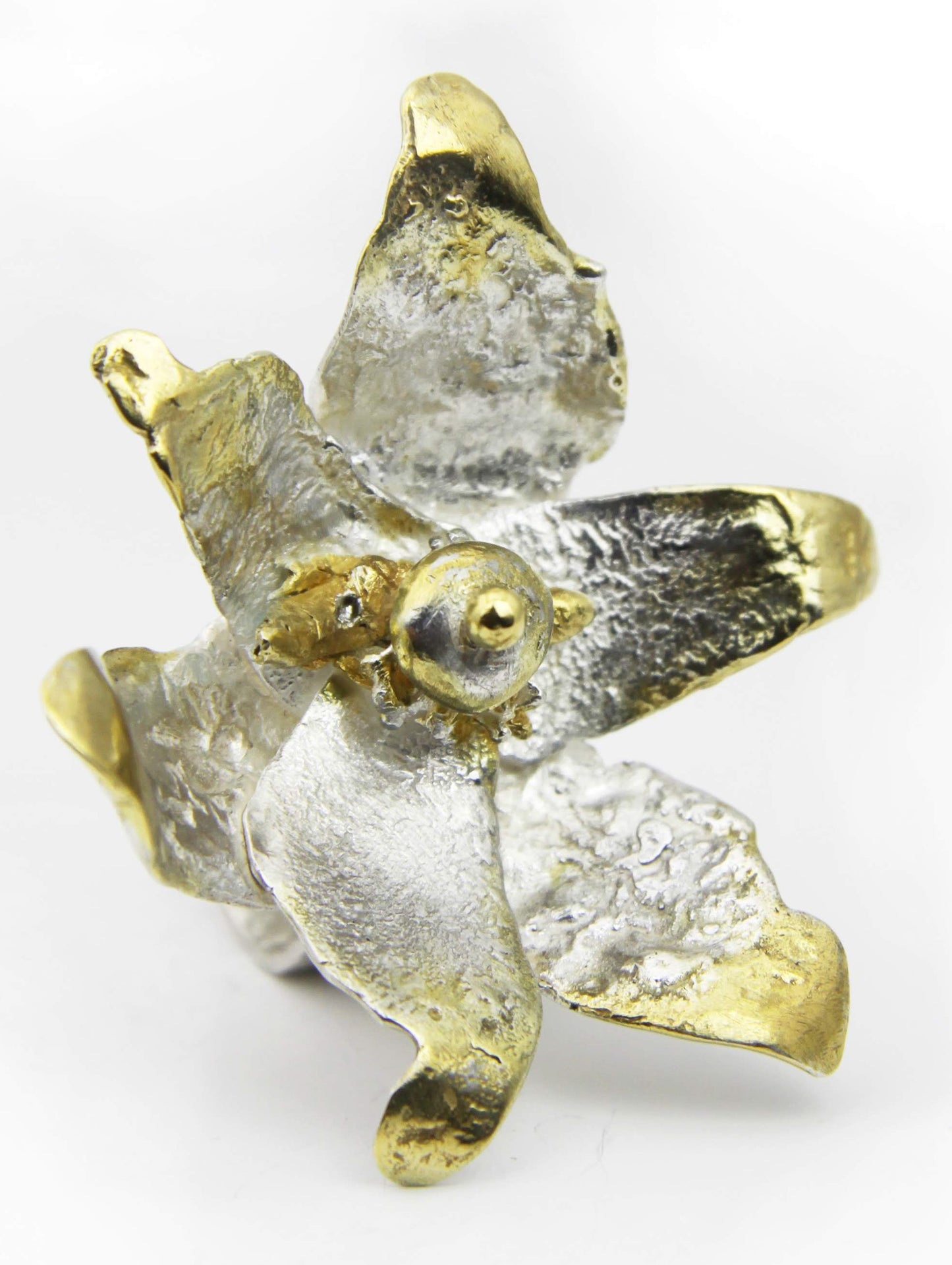 Juliette Mole | Large Six Petal Ring with Gold | Hallmarked Silver Jewellery