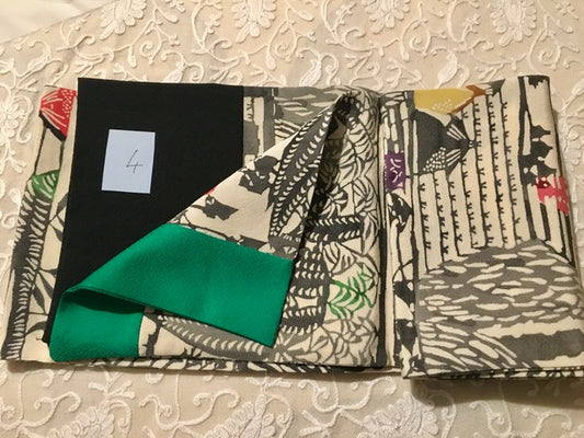 Philippa Crawford | Rural scene embellished ends of green and black | Vintage Kimono Silk Scarf