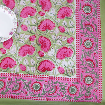 Hand Block Printed | Rectangular Tablecloth | Green Lotus