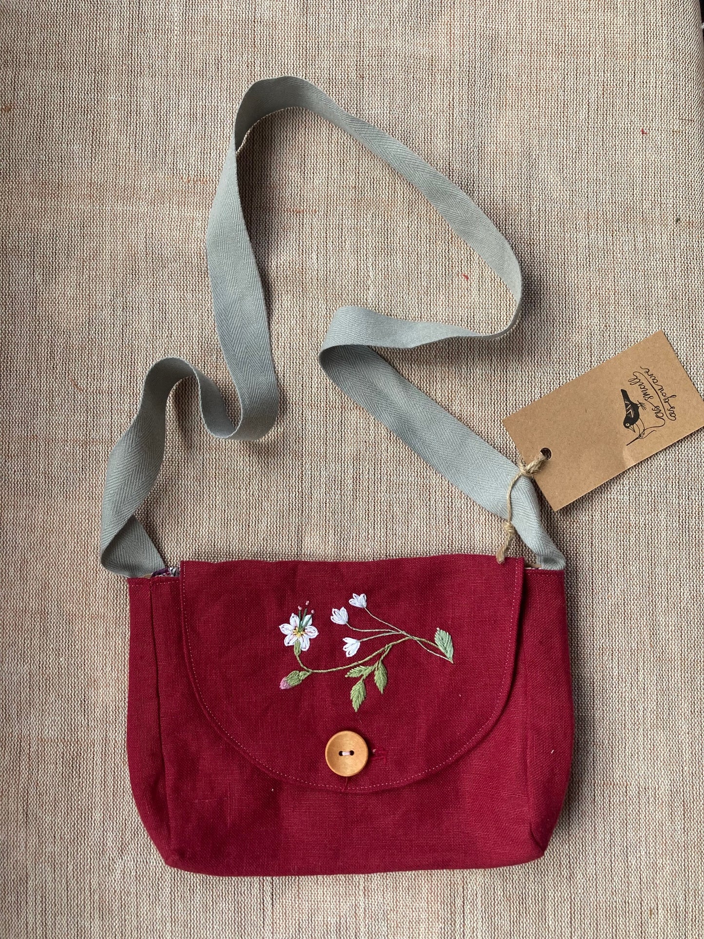 Red Satchel with Hand Embroidered White flowers