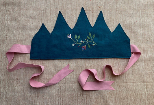 Light Blue Crown with Pink and Red Hand-Embroidered Floral design