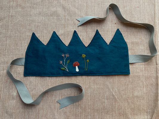 Light Blue Crown with Hand-Embroidered Mushroom and Flowers