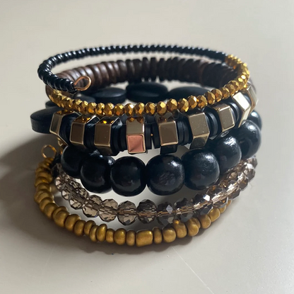 Black, wooden and Gold Wrap Bracelet