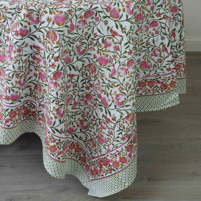 Hand Block Printed | Rectangular Tablecloth | Tropical Birds & Fruit